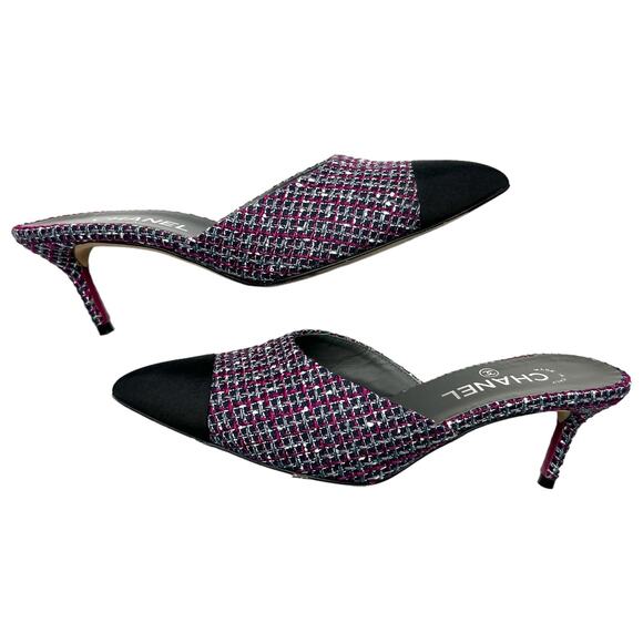 CHANEL Tweed Grosgrain CC Mules EU 38 US 7.5-8 Black Purple Pointed Toe Heels - Picture 7 of 15